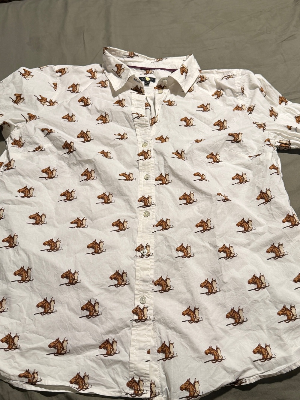 Women’s White Button-Up Shirt with Brown Horse Print